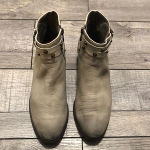 Halogen heeled studded leather ankle booties with side zipper in bohemian taupe